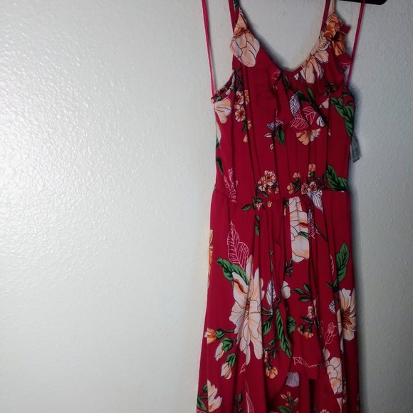 Angie Floral Maxi Dress High Low Ruffle Shorts Red - Picture 3 of 5